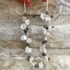 Petal Pearls Necklace with Labradorite Choker, 16"in, Silver Details