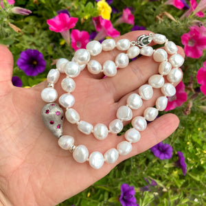 Classic White Pearl Wedding Necklace with Red Zircon Pave and Sterling Silver Accents 18"inches