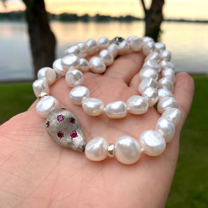Classic White Pearl Wedding Necklace with Red Zircon Pave and Sterling Silver Accents 18"inches