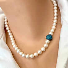 Charger l&#39;image dans la galerie, Classic White Pearls and Turquoise Blue Cubic Zirconia Pave Silver Ball Necklace with Magnetic Clasp, 18&quot;inches
