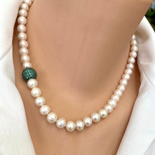 Cargar imagen en el visor de la galería,  White Pearls Necklace with Emerald Green Cubic Zirconia Pave Silver Ball Accent &amp; Magnetic Clasp,18&quot;in 
