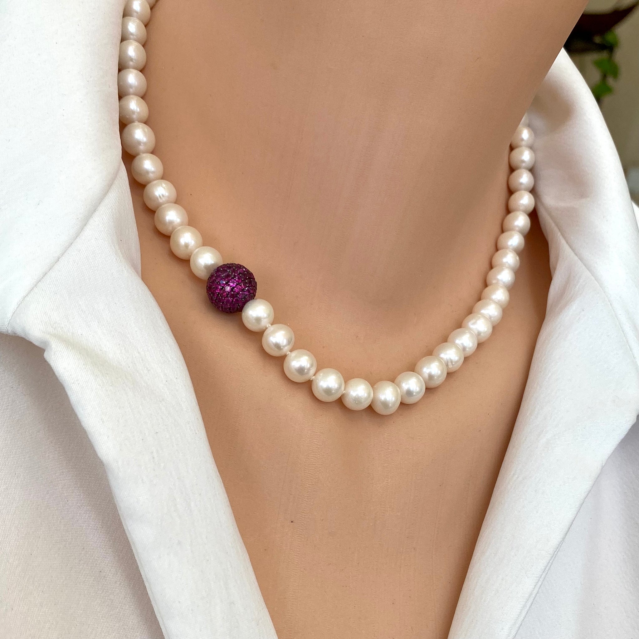 Elegant Freshwater White Pearls Necklace, Ruby Red CZ Pave Silver