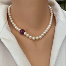 Load image into Gallery viewer, Elegant Freshwater White Pearls Necklace, Ruby Red CZ Pave Silver Ball Accent &amp; Magnetic Clasp, 17.5&quot;in
