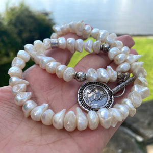 White Distressed Pearls Necklace with Repro Roman Coin Toggle Clasp, Sterling Silver, 20"inches