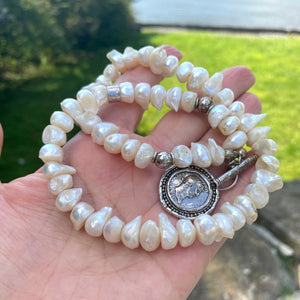 White Distressed Pearls Necklace with Repro Roman Coin Toggle Clasp, Sterling Silver, 20"inches