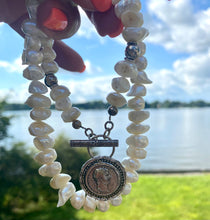 Cargar imagen en el visor de la galería, White Distressed Pearls Necklace with Repro Roman Coin Toggle Clasp, Sterling Silver, 20&quot;inches
