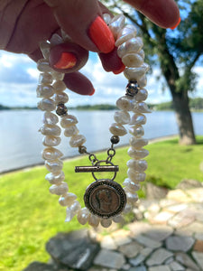 White Distressed Pearls Necklace with Repro Roman Coin Toggle Clasp, Sterling Silver, 20"inches