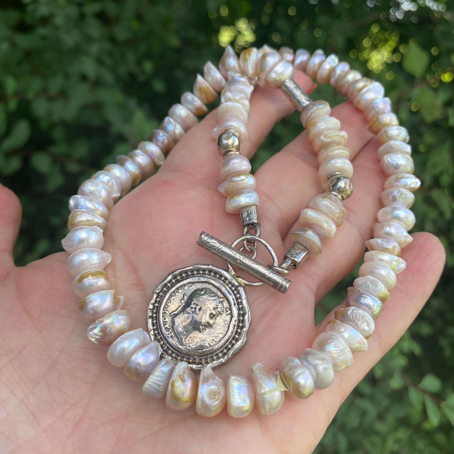 Lavender baroque pearl necklace with silver Roman coin toggle clasp, handcrafted and unique.