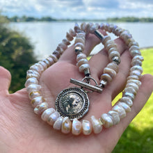 Charger l&#39;image dans la galerie, Vintage-Inspired Lavender Baroque Pearl Necklace, Sterling Silver Statement Jewelry with Repro Roman Coin Toggle Clasp, 20&quot;In
