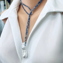 Cargar imagen en el visor de la galería, Single Strand of Blue Sodalite Beads &amp; Two Baroque Pearl Lariat Wrap Necklace, 40&quot;inches
