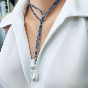 Single Strand of Blue Sodalite Beads & Two Baroque Pearl Lariat Wrap Necklace, 40"inches