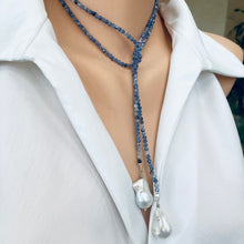 Cargar imagen en el visor de la galería, Single Strand of Blue Sodalite Beads &amp; Two Baroque Pearl Lariat Wrap Necklace, 40&quot;inches
