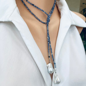 Single Strand of Blue Sodalite Beads & Two Baroque Pearl Lariat Wrap Necklace, 40"inches