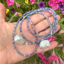 Cargar imagen en el visor de la galería, Single Strand of Blue Sodalite Beads &amp; Two Baroque Pearl Lariat Wrap Necklace, 40&quot;inches
