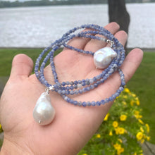 Cargar imagen en el visor de la galería, Single Strand of Blue Sodalite Beads &amp; Two Baroque Pearl Lariat Wrap Necklace, 40&quot;inches
