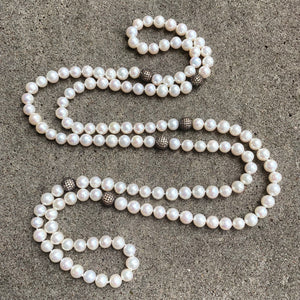 Exquisite Sautoir, Top Quality Freshwater Pearls with Cubic Zirconia Pave Silver Beads, 55"inches