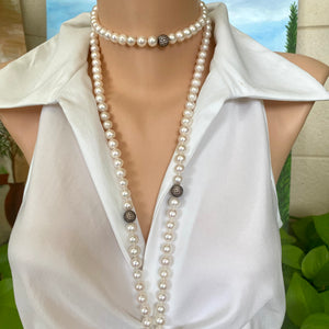 Exquisite Sautoir, Top Quality Freshwater Pearls with Cubic Zirconia Pave Silver Beads, 55"inches