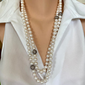 Exquisite Sautoir, Top Quality Freshwater Pearls with Cubic Zirconia Pave Silver Beads, 55"inches