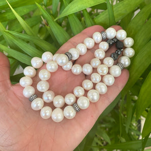 White Pearls Necklace w Zircons Pave Rondelle, Gunmetal Over Sterling Silver, 20"in