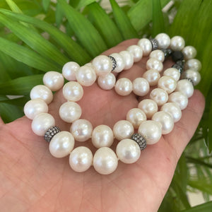 White Pearls Necklace w Zircons Pave Rondelle, Gunmetal Over Sterling Silver, 20"in