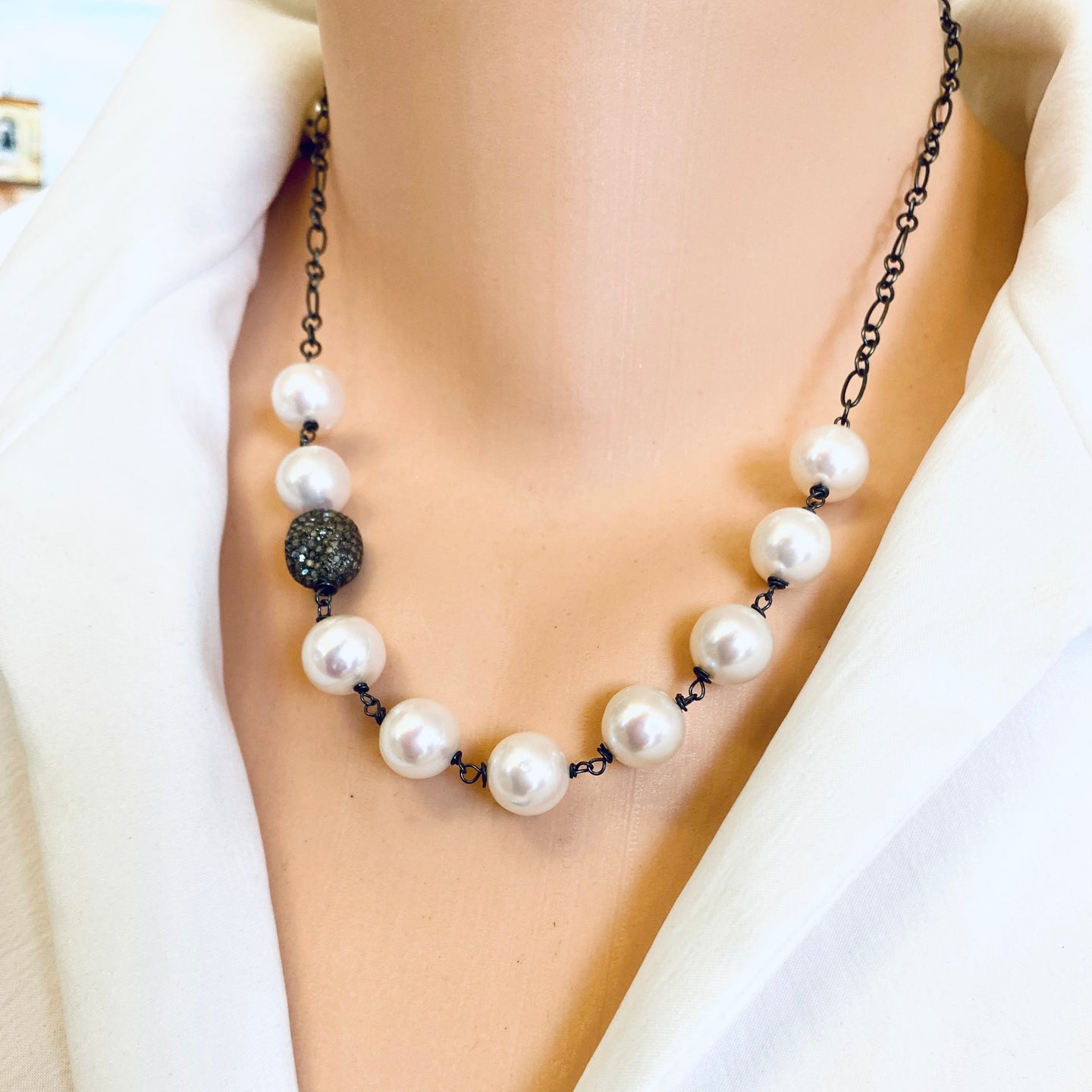 Wire-Wrapped Pearls Necklace, Diamond Pave Oxidized Silver, 18