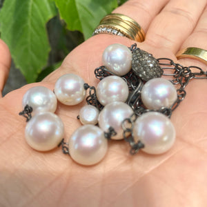 Wire-Wrapped Pearls Necklace, Diamond Pave Oxidized Silver, 18"+5" – Handmade in Canada
