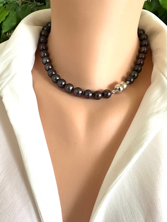 Black Pearl Necklace | Rhodium Plated Sterling Silver Magnetic Clasp, 16" or 17"
