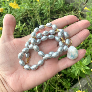 Grey Pearl Toggle Necklace with White Baroque Pearl Pendant, Gold Vermeil Silver Plated Details, 18"inches
