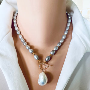 Grey Pearl Toggle Necklace with White Baroque Pearl Pendant, Gold Vermeil Silver Plated Details, 18"inches