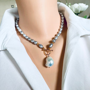 Grey Pearl Toggle Necklace with White Baroque Pearl Pendant, Gold Vermeil Silver Plated Details, 18.5"inches