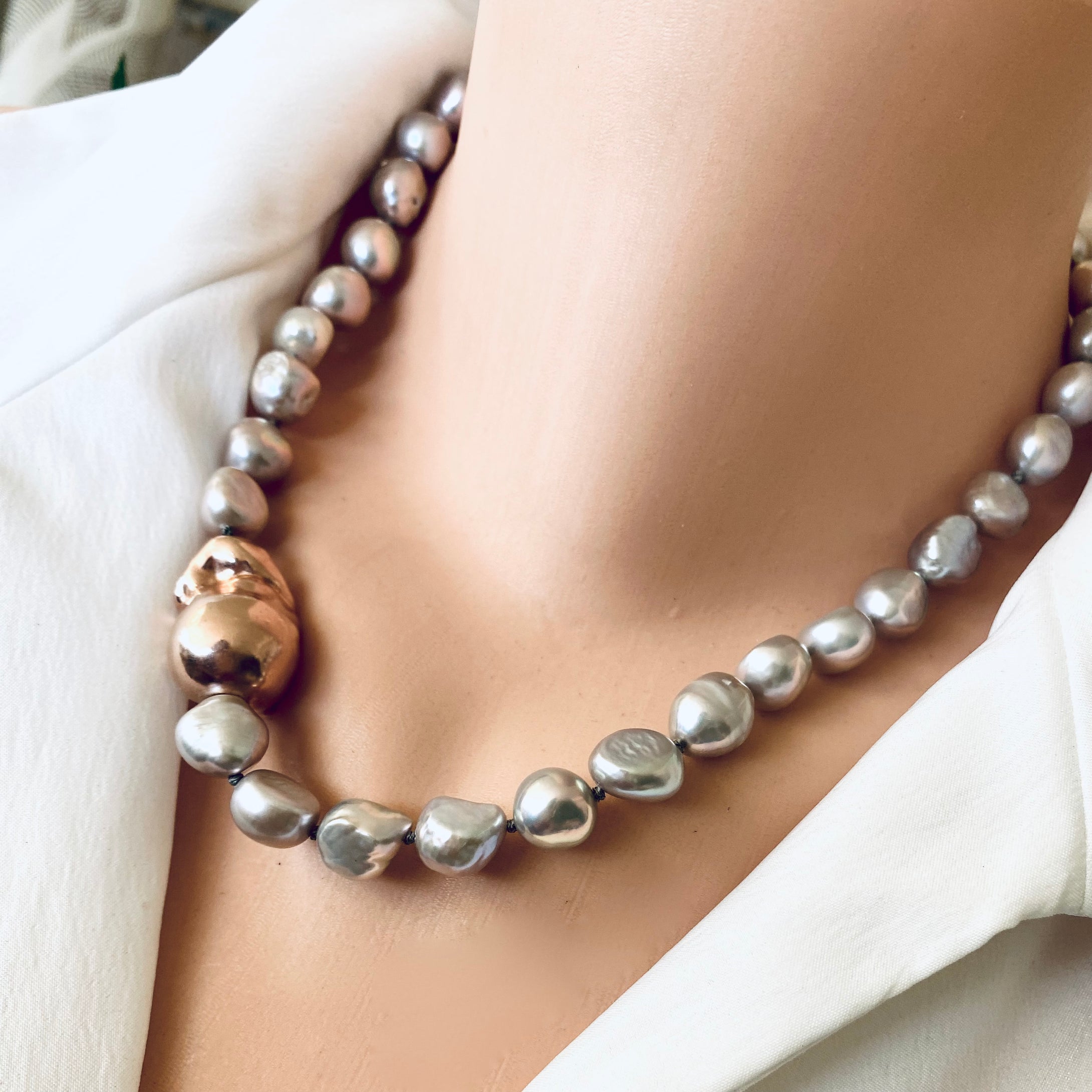 Elegant Hand-Knotted Grey Pearl Necklace with Rose Gold Vermeil Plated Silver Details, 18