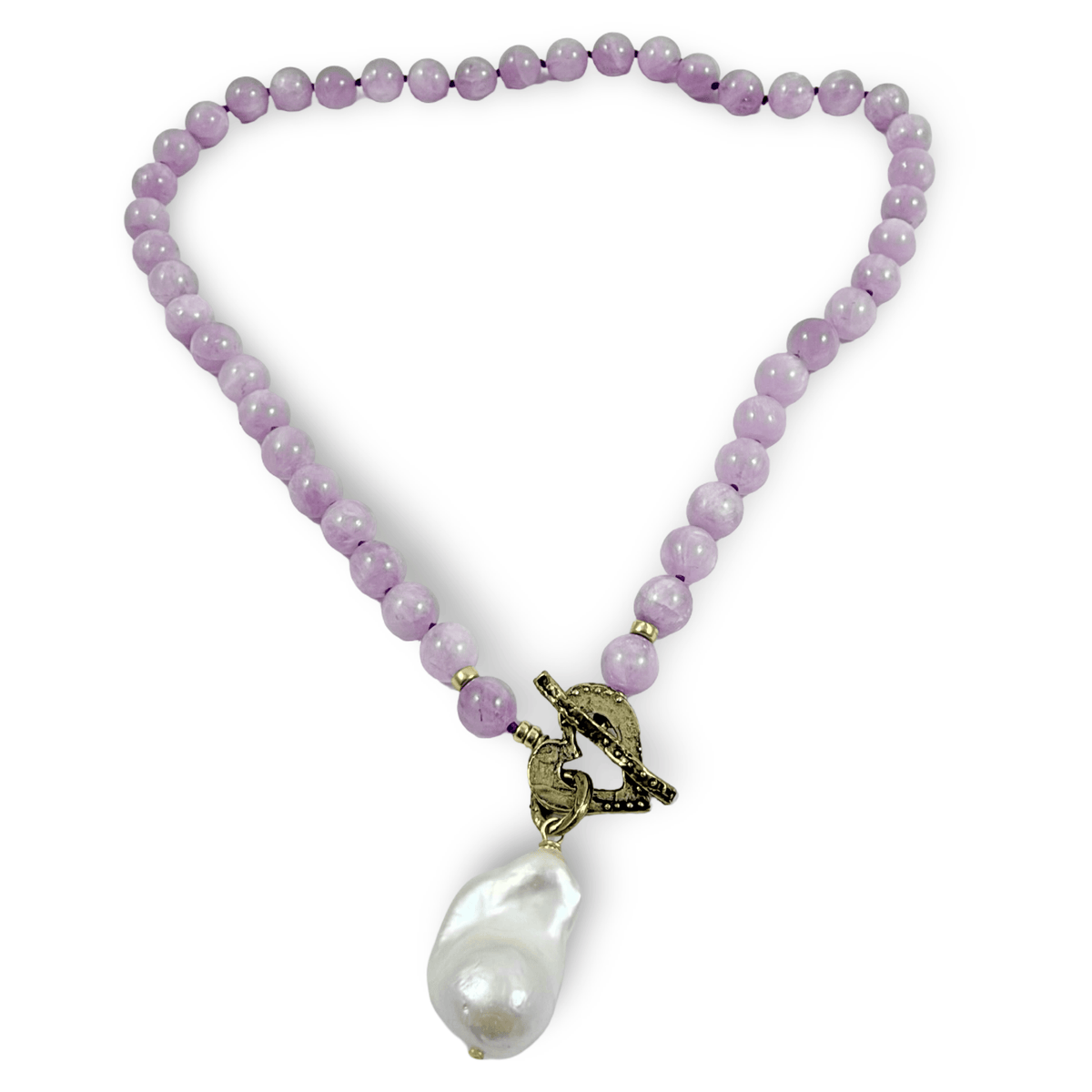 Kunzite artisan bronze Toggle Necklace with Baroque Pearl Pendant