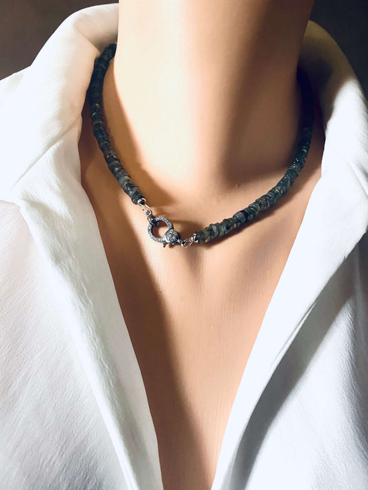 Labradorite beaded necklace with oxidized silver pavé clasp displayed elegantly on a mannequin.