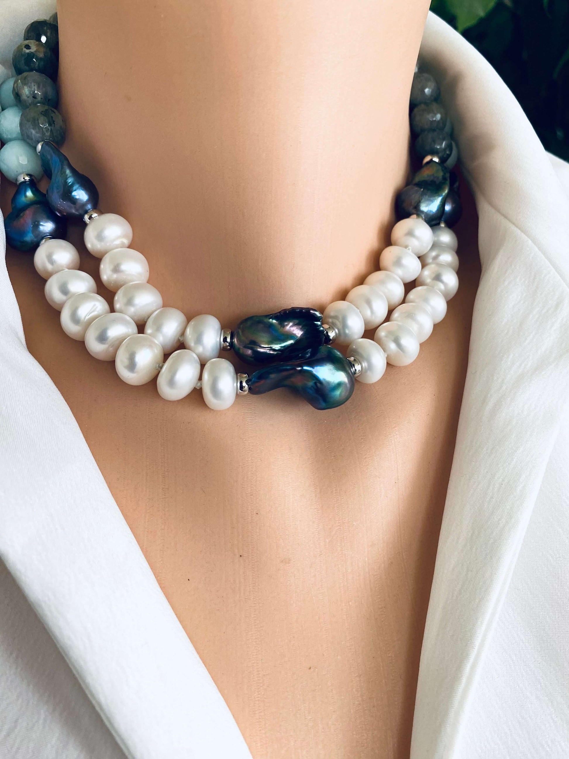 Labradorite pearl necklace featuring baroque and coin pearls, showcasing organic elegance and bold gemstone flashes.