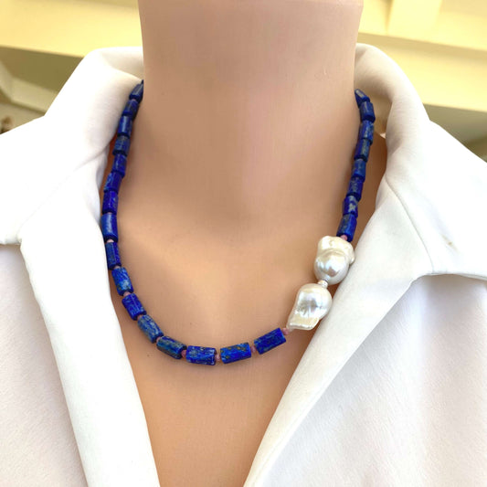 Lapis Lazuli Pink tourmaline Baroque Pearl Necklace on mannequin — deep blue and pink gemstone necklace handcrafted by Loulia Pearl Jewelry