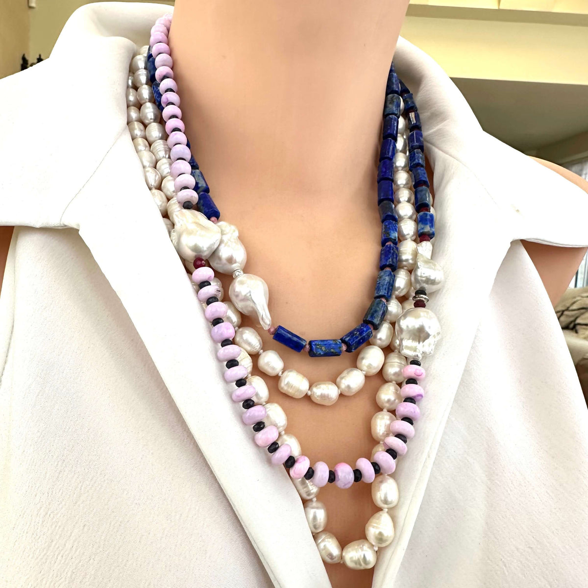 Side view of lapis lazuli opal agate pearl necklace on mannequin — elegant artistic gemstone design by Loulia Pearl Jewelry