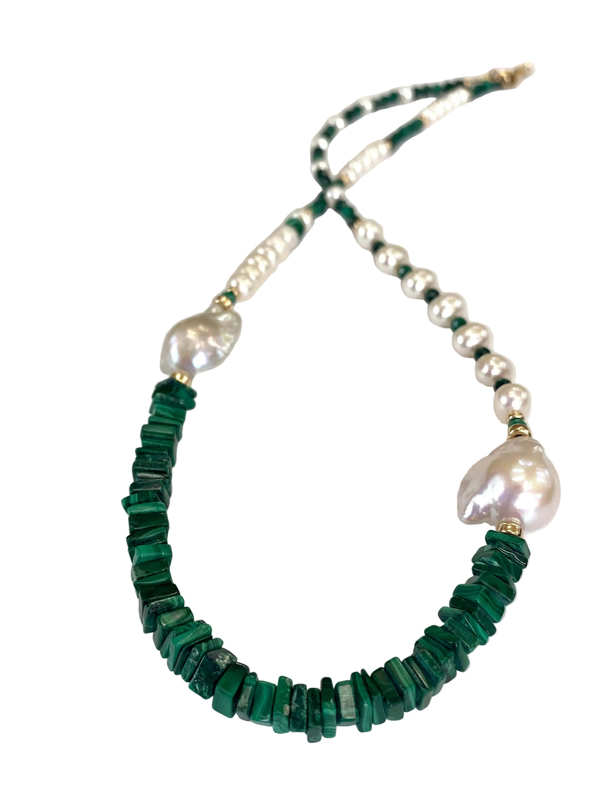 Malachite baroque pearl necklace in 14K gold filled featuring smooth green malachite and luminous baroque pearls.