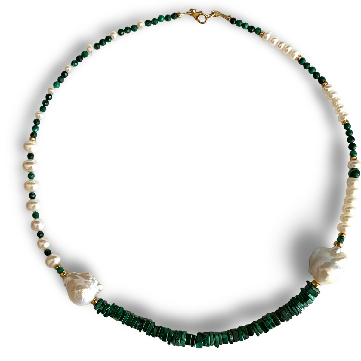 Malachite baroque pearl necklace in 14K gold filled, showcasing unique asymmetric design 