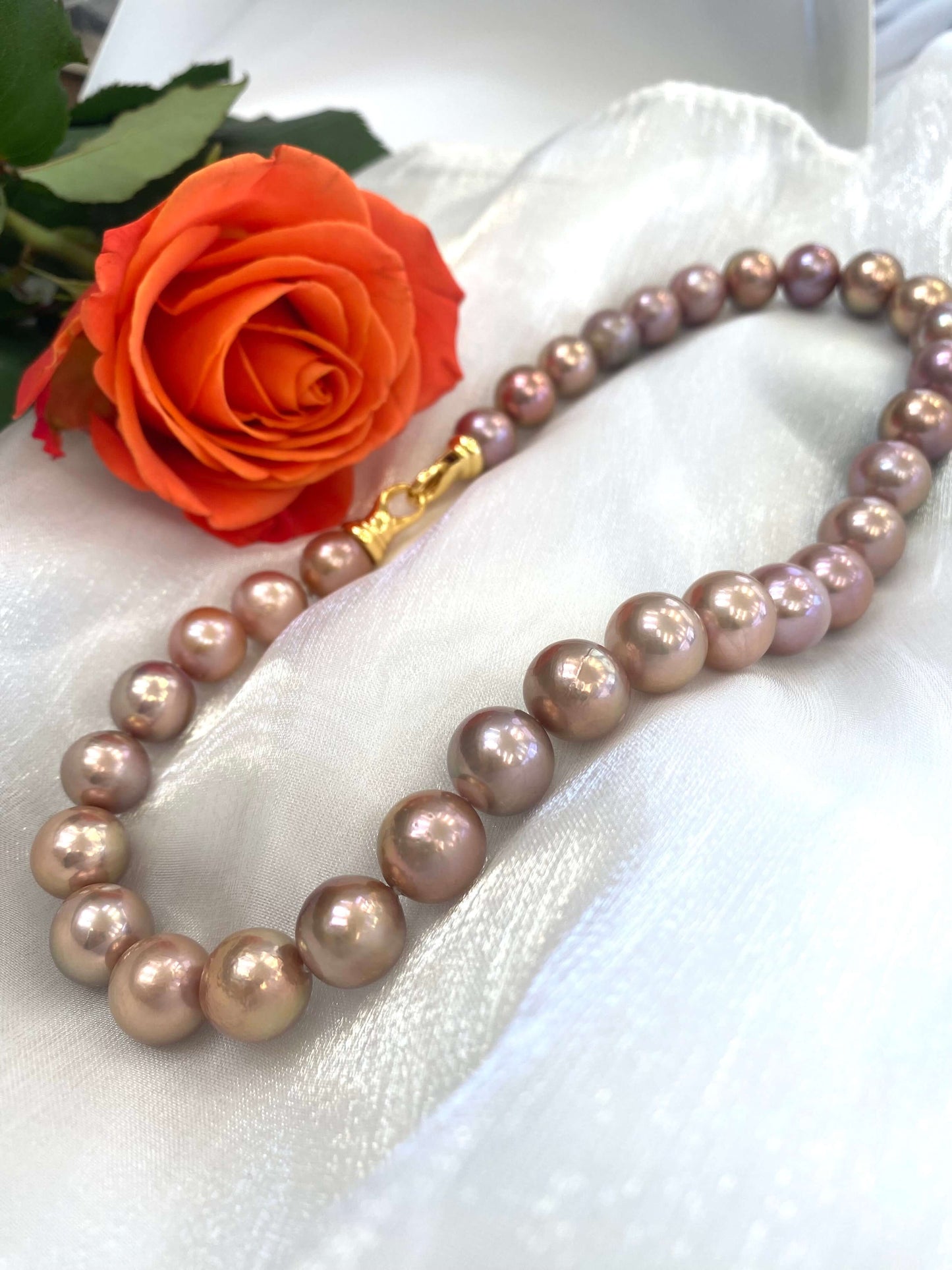 Metallic Edison Pearl Necklace | 12–14mm, 18" Handcrafted Design with large pink pearls and a rose.