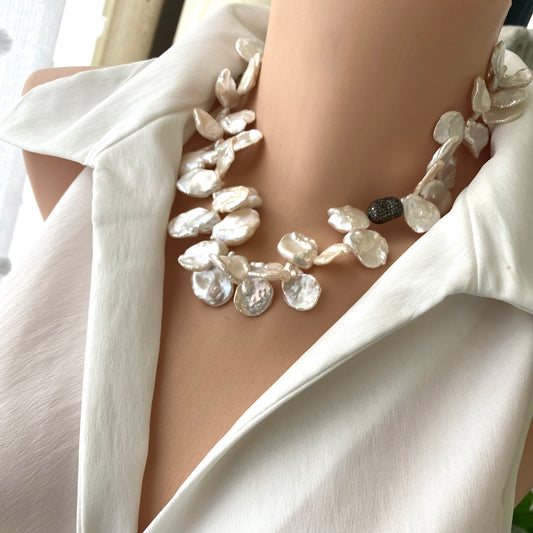 Bridal Petal Pearl Necklace – Oxidized Silver & Pave Diamond Design featuring freshwater keshi pearls.