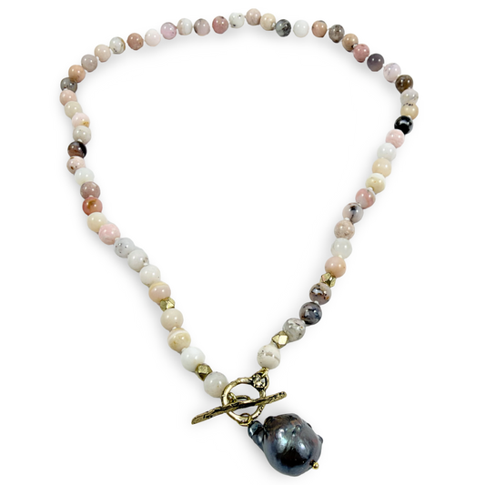 Pink Opal bronze toggle necklace with black baroque pearl pendant