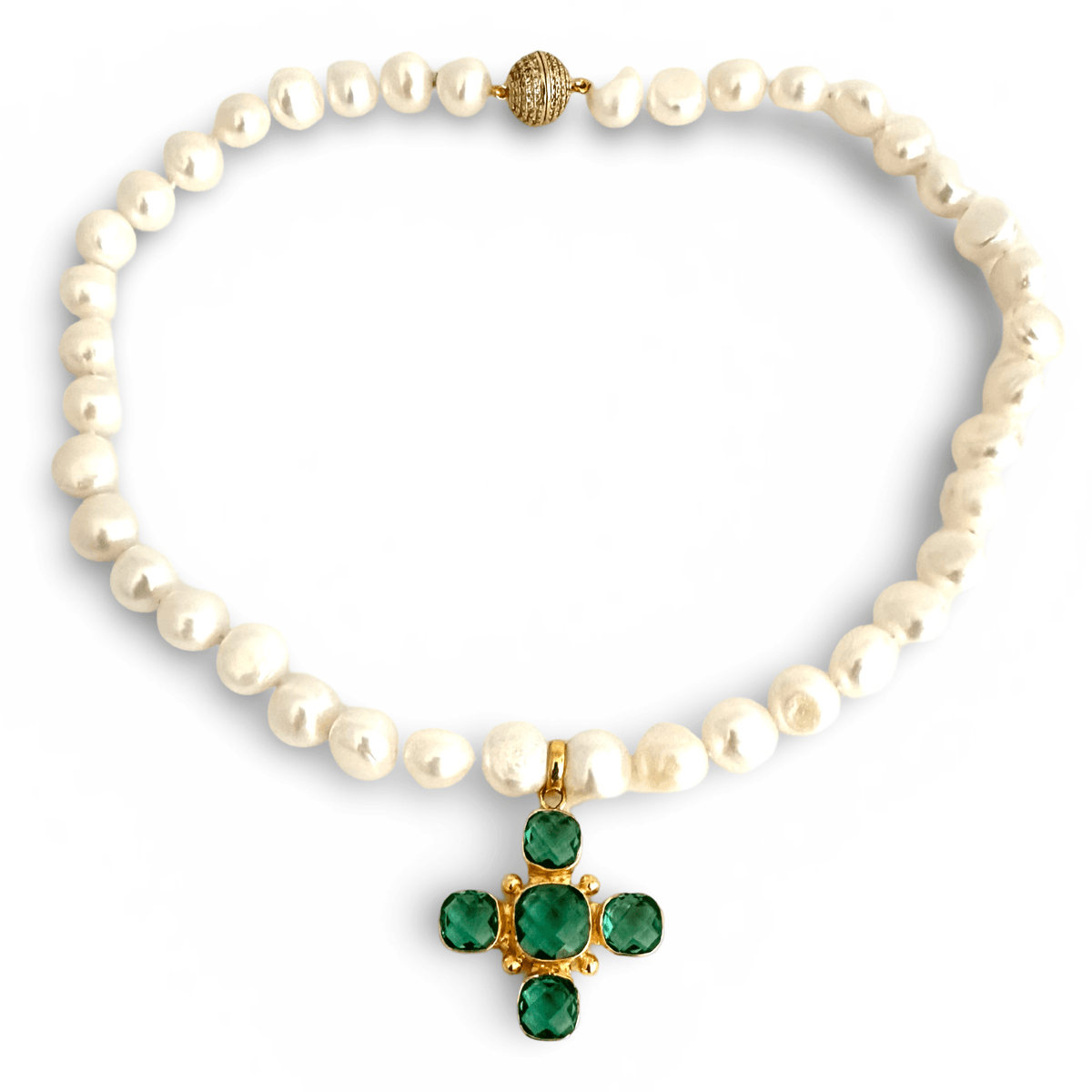 Potato Pearl Necklace with green Cross Pendant quartz 