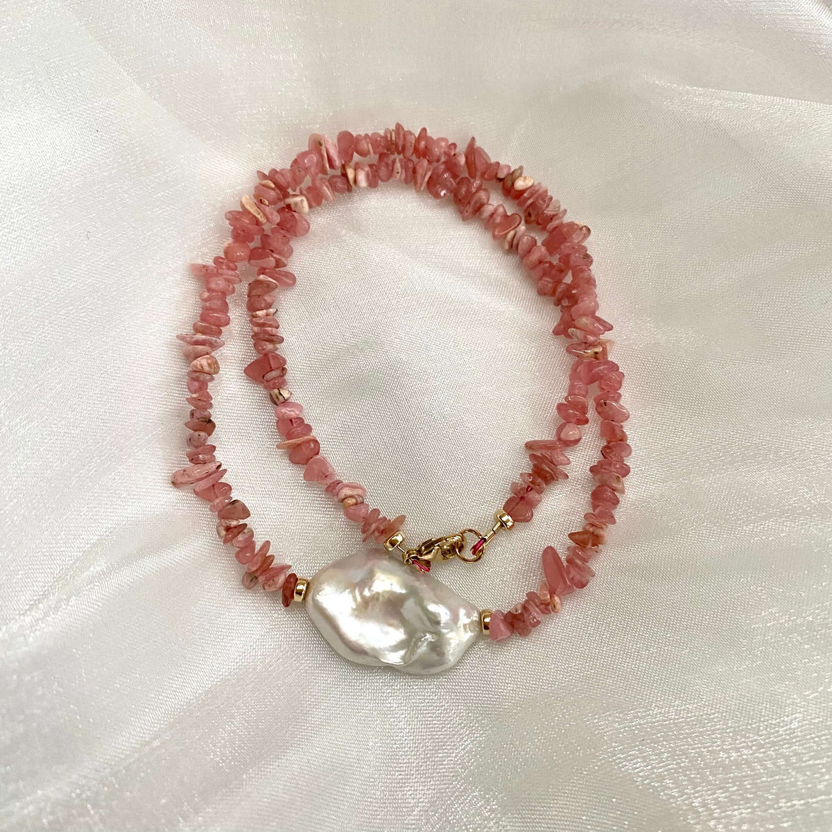 Rhodochrosite pearl necklace handmade in Canada