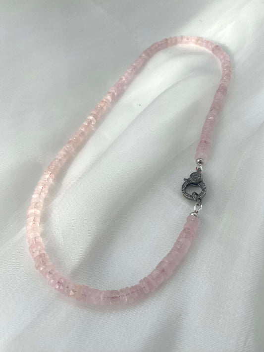 Rose quartz beaded necklace with oxidized silver pavé clasp, showcasing soft, feminine elegance and natural beauty.