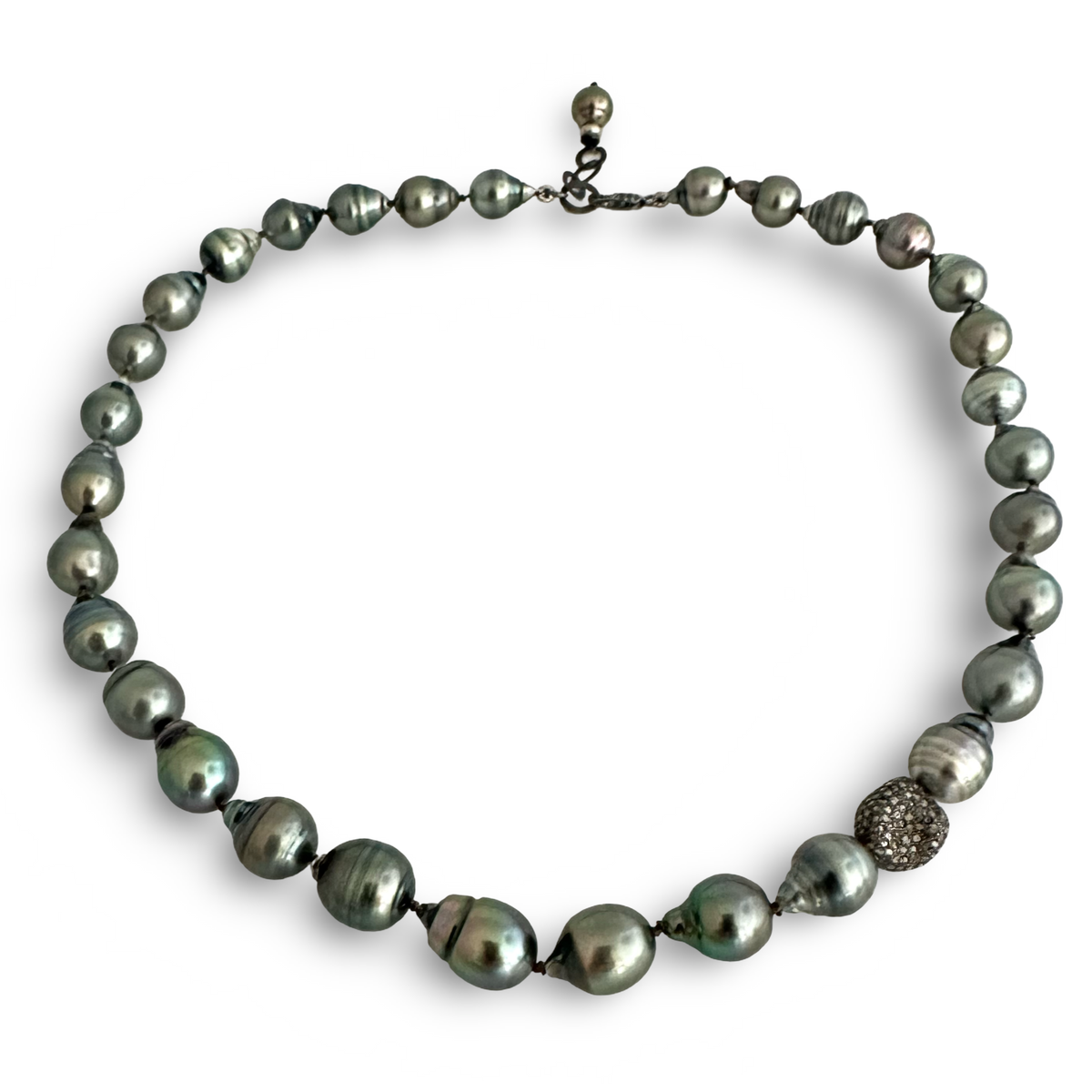 A dark gray baroque pearl necklace with a textured silver-toned bead accent, displayed on a clean white background.