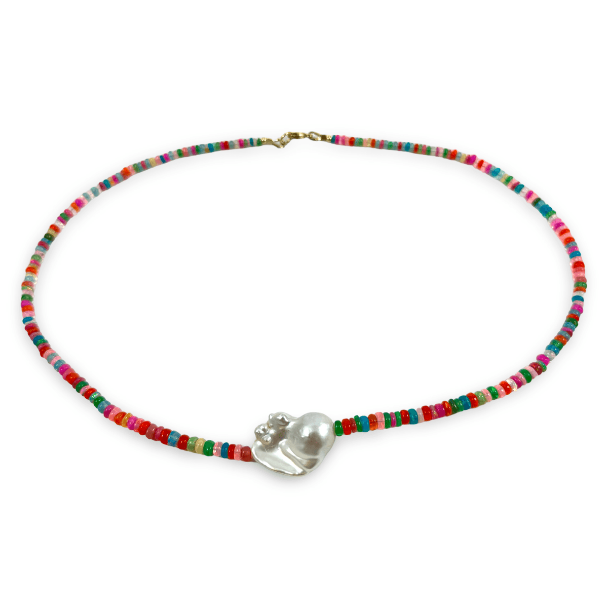 A beaded necklace featuring a vibrant mix of red, green, blue, pink, and yellow beads, with a central silver heart-shaped charm and a gold clasp, shown on a plain white background.