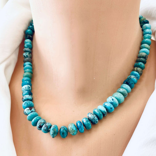 Turquoise candy necklace featuring Arizona turquoise rondelle beads in vibrant blue-green tones.