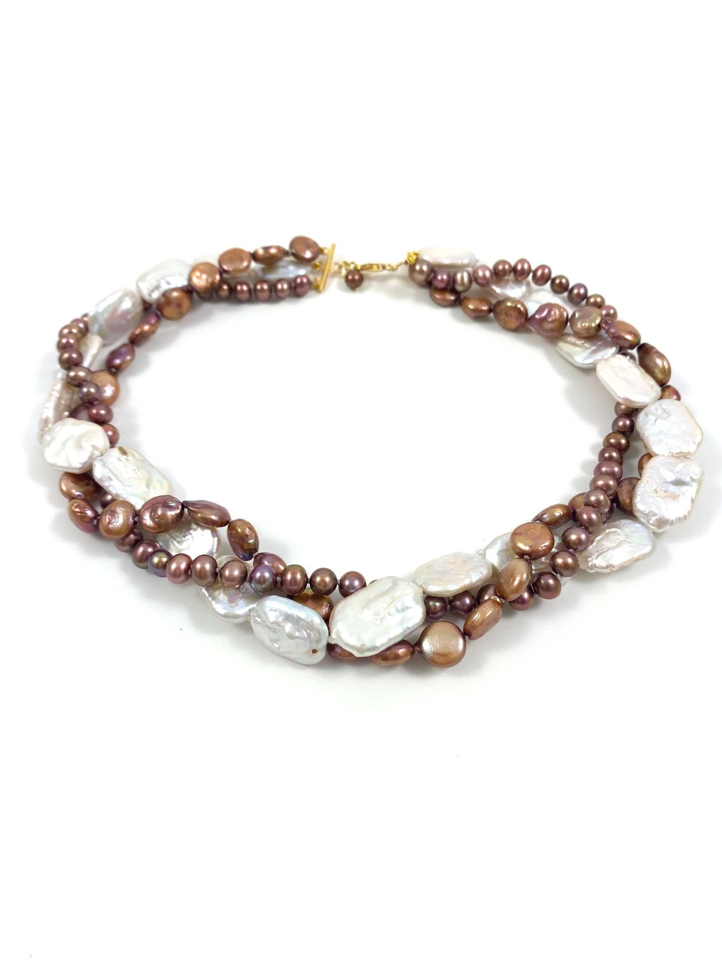 Twisted Pearl Choker, Mixed White Baroque & Bronze Pearl Necklace 17"