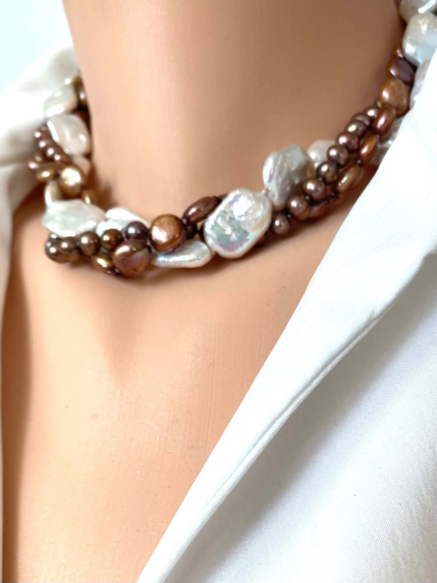 Twisted Pearl Choker, Mixed White Baroque & Bronze Pearl Necklace 17"