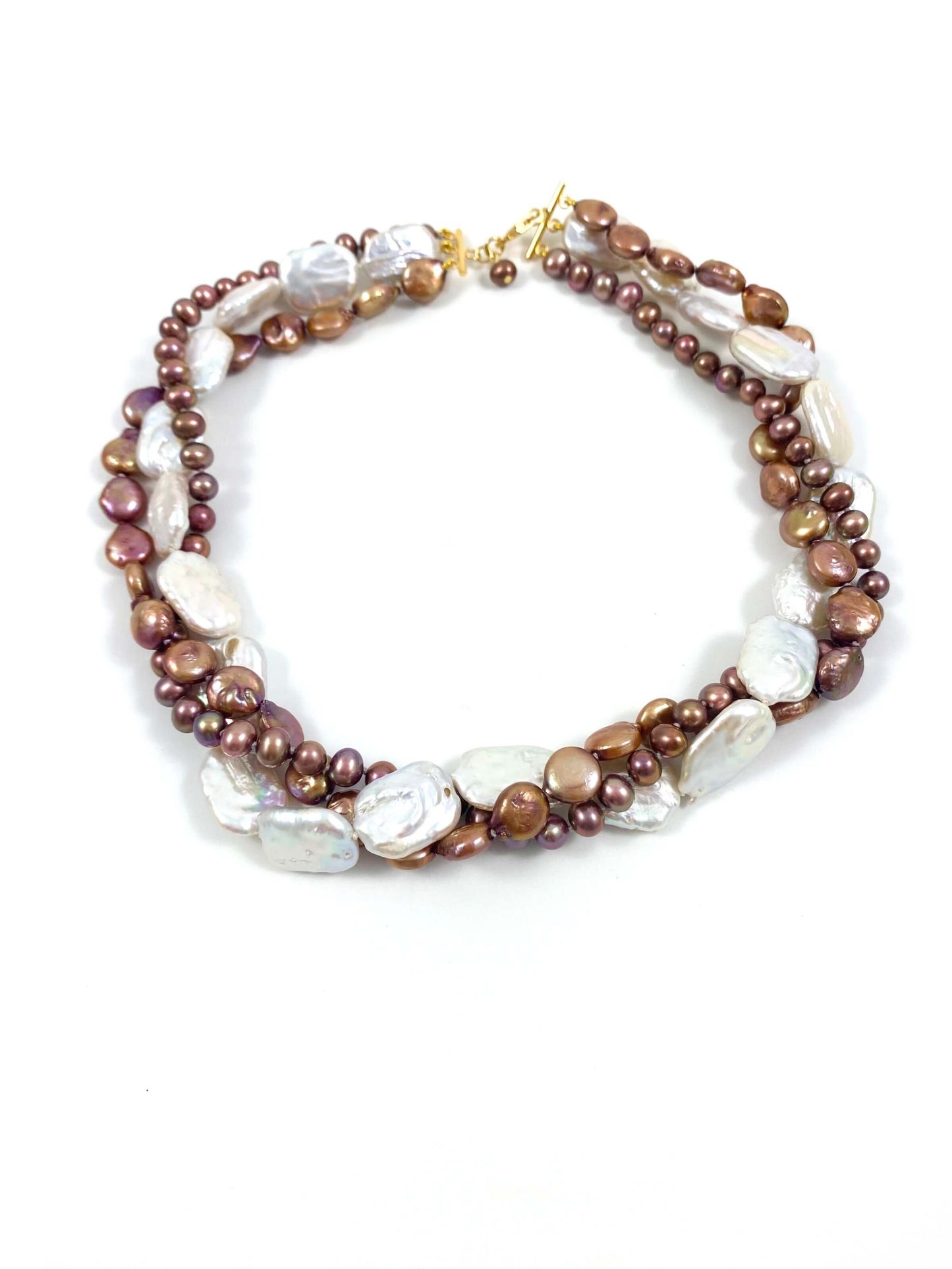 Twisted Pearl Choker, Mixed White Baroque & Bronze Pearl Necklace 17"